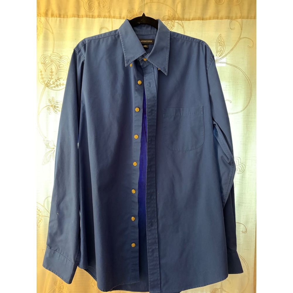 Lands End Mens Navy Blue Long Sleeve Button Down Shirt Size 16.5 34